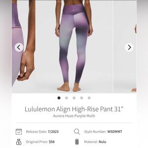 Lululemon high rise 31” NWT Aurora purple haze size 2
